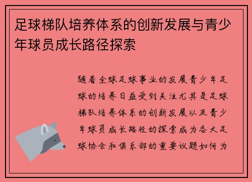 足球梯队培养体系的创新发展与青少年球员成长路径探索