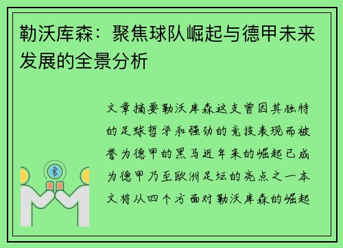 勒沃库森：聚焦球队崛起与德甲未来发展的全景分析