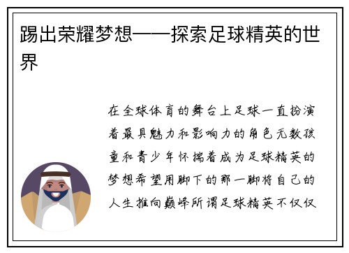 踢出荣耀梦想——探索足球精英的世界